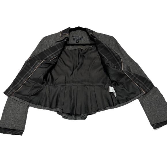 Bebe Jacket Womens 6 Charcoal Blazer 2 Button Tweed Texture Plaid Trim Peplum - Picture 14 of 16